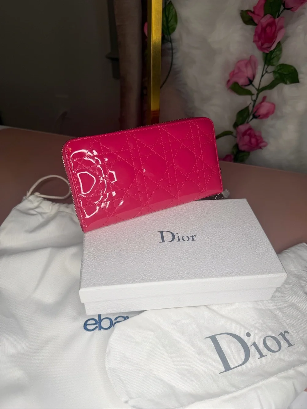 Christian Dior Cannage Patent Leather Zippy Wallet Fuchsia w/COA